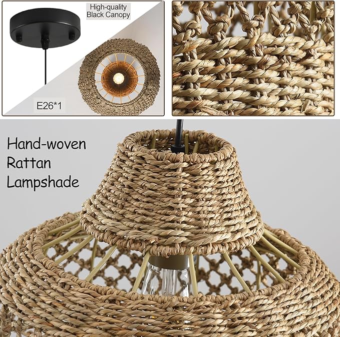 2 Pack Rattan Pendant Light, 11.81” Boho Wicker Hand Woven Hanging Seagrass Lighting Fixture, for Farmhouse Kitchen Bedroom Dining Living, Hallway