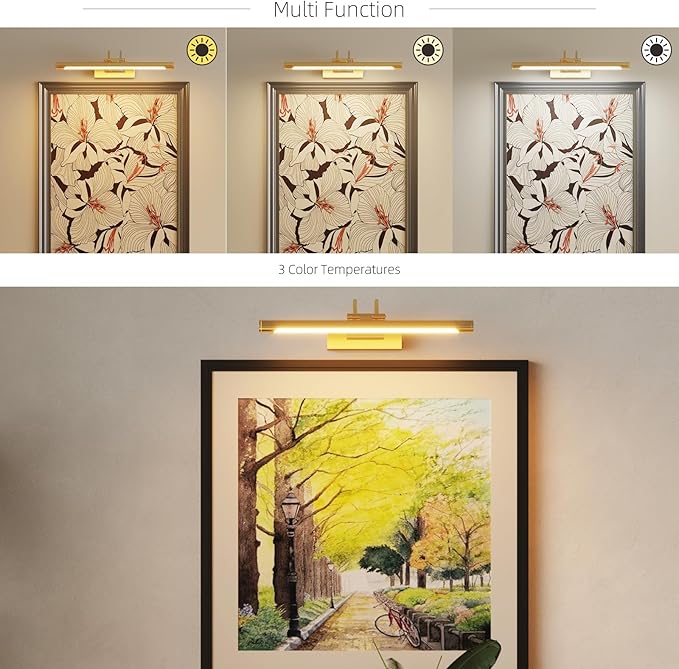 Picture Frame Light,16 inch Wireless Picture Lights Rechargeable for Wall with Remote,5000mAh 3CCT Dimmable and Timer Remote Art Lighting for Paintings for Pictures Display,Gold