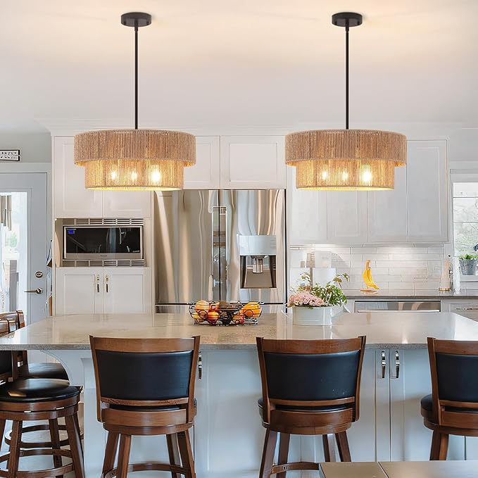 ZGKUYDBrown Boho Woven Rattan Chandelier, Adjustable Black Rod 2-Tier Drum Hanging Light, Brown Pendant Light for Dining Room/Kitchen Island