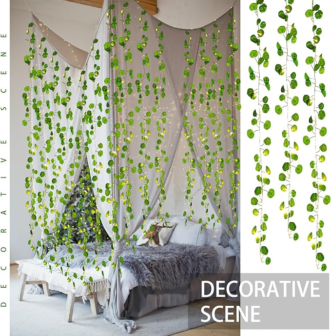 Unittype 15 Pcs 6.6 ft 300 LED Fake Ivy Vines with Lights for Bedroom String Fairy Light Curtain Artificial Hanging Vines Plant Garland with Light for Wall Outdoor Indoor Decor(Eucalyptus Leaf)