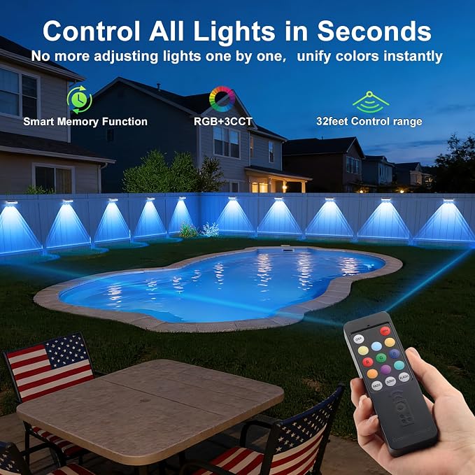 JOFIOS Solar Fence Lights with Remote 8 Pack, Color Changing RGB & Warm White, 12 Dynamic Modes, IP65 Waterproof, Solar Lights for Fence, Deck, Backyard, Patio Holiday & Party Decoration(White)