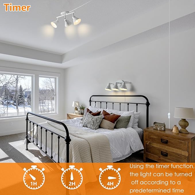 3 Light Plug in Track Lighting Kit,Modern Plug in Ceiling Light Fixture,16.4ft Cord,Timer & Dimming Switch,3 Way Ceiling Spot Lighting,Flexibly Rotatable Light Head (White)