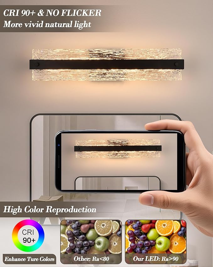 Black LED Bathroom Vanity Light, 24.4 Inch 15W Modern Dimmable Bathroom Light Fixture Over Mirror, Crystal Bar Wall Sconce Lighting for Bath, 3CCT, OS-MM5001-3BK