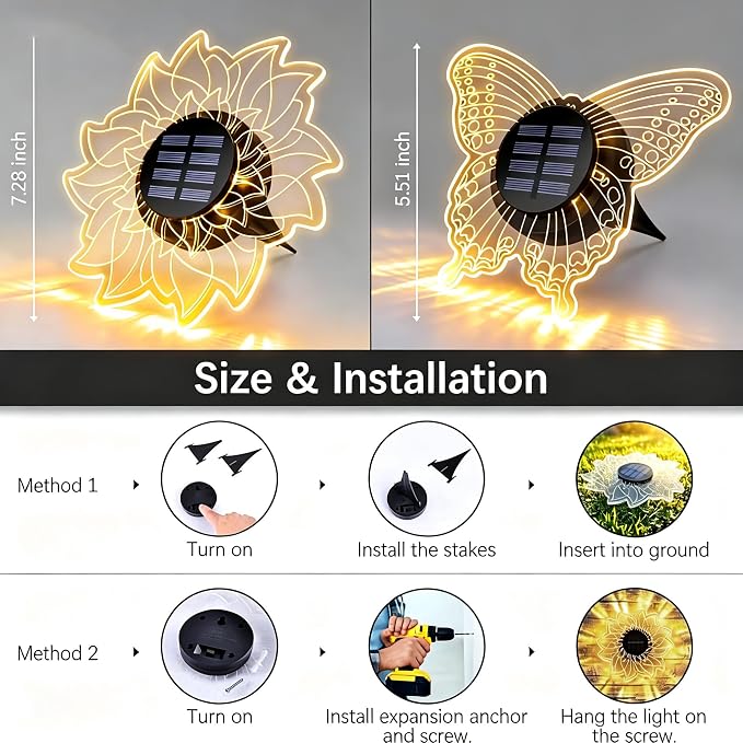 Brizled Solar Pathway Lights, 2 Pack Acrylic Butterfly & Flower Solar Lights Outdoor, LED Ground Light Warm White Garden Light Landscape Lighting Waterproof for Garden Yard Lawn Pathway Driveway Decor