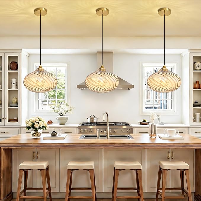 Glass Pendant Lights Kitchen Island, 11'' Gold Pendant Lighting Fixtures, Modern Hanging Ceiling Light with Striped Amber Glass Shade for Farmhouse Dining Room Bedroom Hallway(1 Pack)