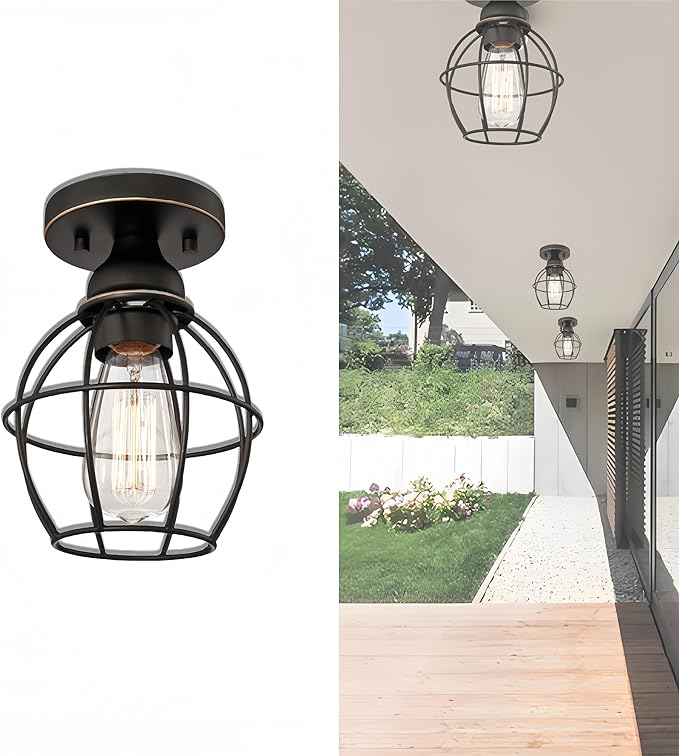 WISBEAM Oil Rubbed Bronze Semi Flush Mount Ceiling Light Fixture, Small Cage Ceiling Light E26 Medium Base MAX 60W, Metal Housing, ETL Rated, Bulbs NOT Included, 1-Pack