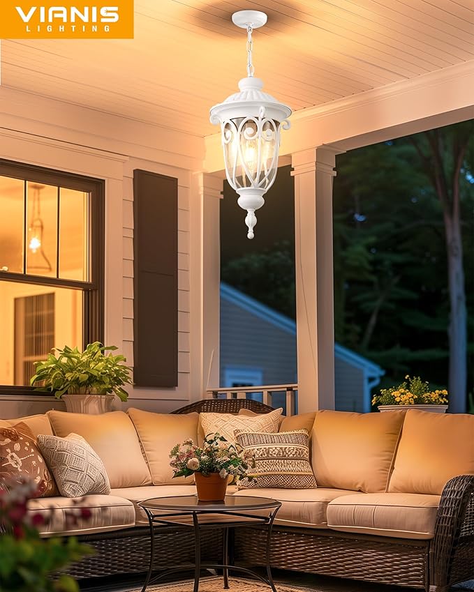 VIANIS Extra Large Outdoor Pendant Lights, 21.3 in White Modern Chain-Adjustable Ceiling Light, Waterproof Outdoor Chandelier with Seed Glass, Outside Pendant Light for Porch, Doorway, Entryway