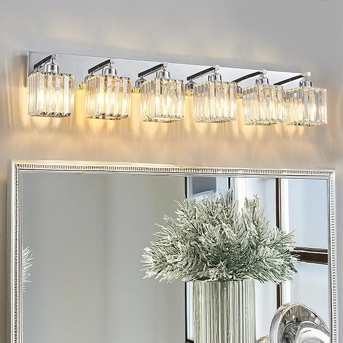 Modern Bathroom Vanity Light 6-Lights Modern Chrome Crystal Bathroom Wall Light Large Vanity Light Fixtures Over Mirror