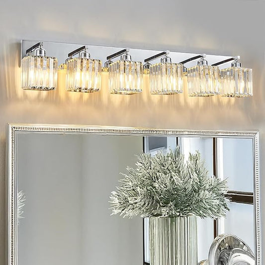 Modern Bathroom Vanity Light 6-Lights Modern Chrome Crystal Bathroom Wall Light Large Vanity Light Fixtures Over Mirror