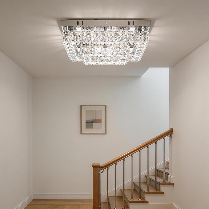 Finktonglan Modern 2-Tier Crystal Flush Mount Ceiling Light, 11.8" Rectangular LED Ceiling Fixture with Multi-Faceted Crystal Prisms, Cool White, 24W Low Profile for Kitchen Dining Hallway