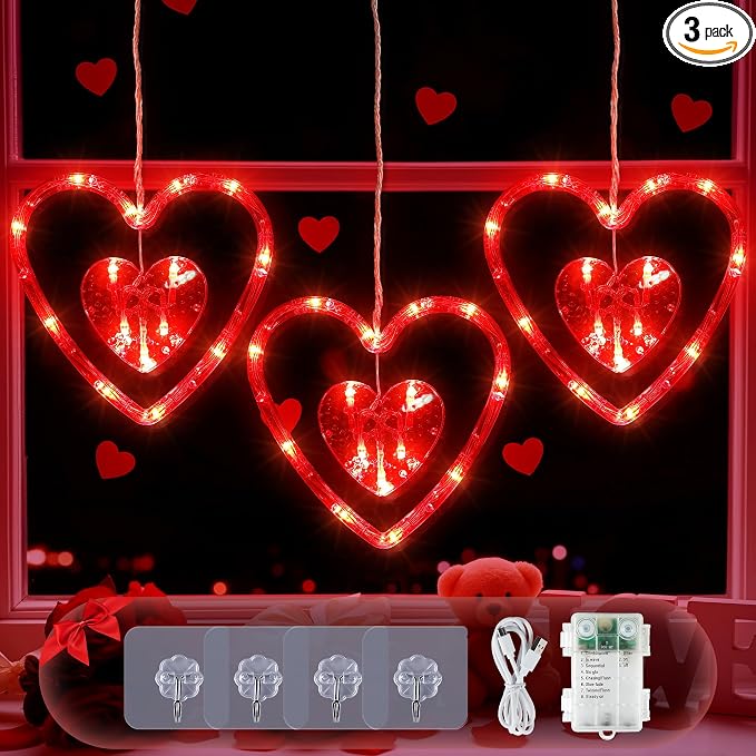 Valentines Day Window Lights,45LED Love Hearts String Lights for Bedroom,Timer Memory Hanging Curtain Light 8 Mode,USB/Battery Operate Valentines Light for Wedding Anniversaries Party(Red)