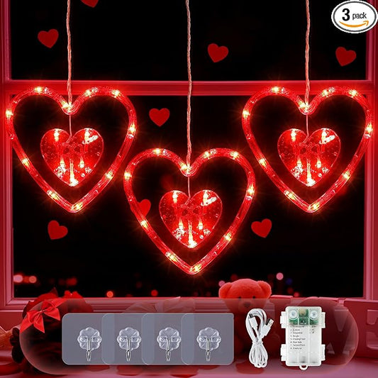 Valentines Day Window Lights,45LED Love Hearts String Lights for Bedroom,Timer Memory Hanging Curtain Light 8 Mode,USB/Battery Operate Valentines Light for Wedding Anniversaries Party(Red)