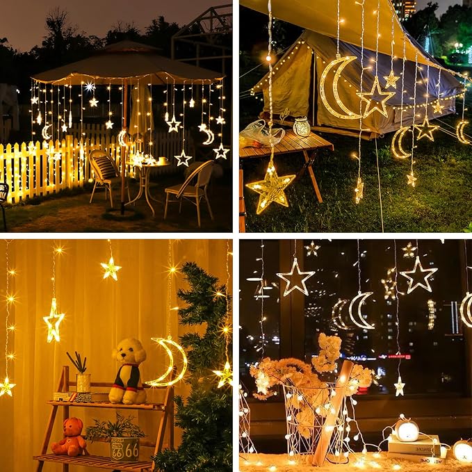 Lemical Star Moon Curtain Lights 11.5ft Battery Powered Remote Control LED Fairy Light Strings,8 Flashing Modes Waterproof Decorative Lights for Christmas, Party, Bedroom Decorations(Warm White)