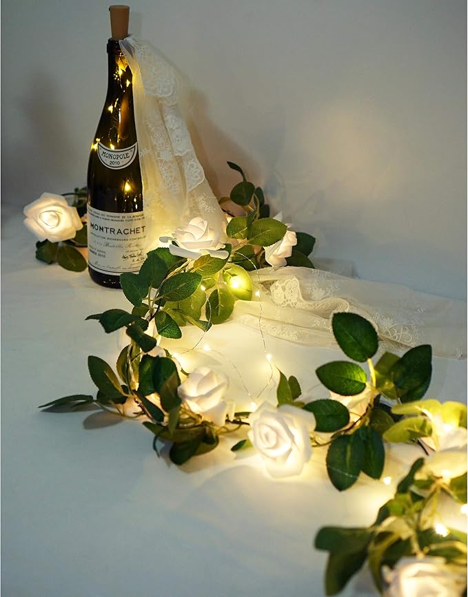 Rose Vine Lights with Remote, Battery or USB Operated Artificial Flower Garland, Hanging Fairy Lights for Bedroom Headboard, Valentine‘s Day, Wedding, Romantic Party Décor (White, 6.6)