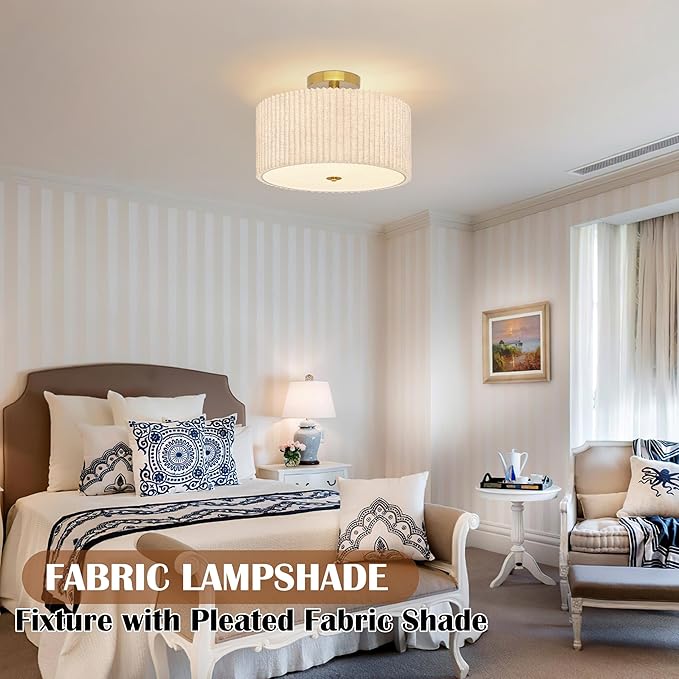 Bagood 3-Light Semi Flush Mount Lights Fixture Drum Ceiling Light with Pleated Fabric Shade Gold Semi Flush Mount Ceiling Lights 16 Inch Close to Light Fixtures for Living Room Hallway