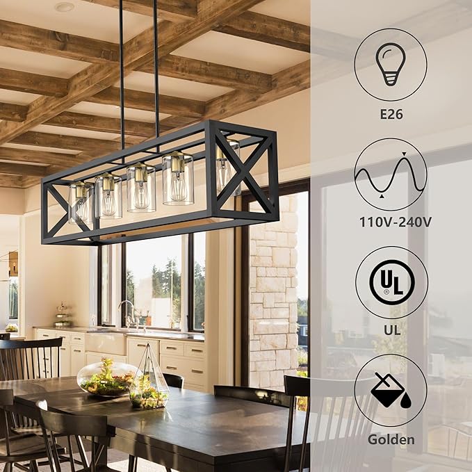 Espird Black Gold Dining Room Light Fixture - 5 Light Chandeliers for Dining Room with Clear Glass Shade & Adjustable Height & Thickened Metal Rectangle Dining Table Light Fixture
