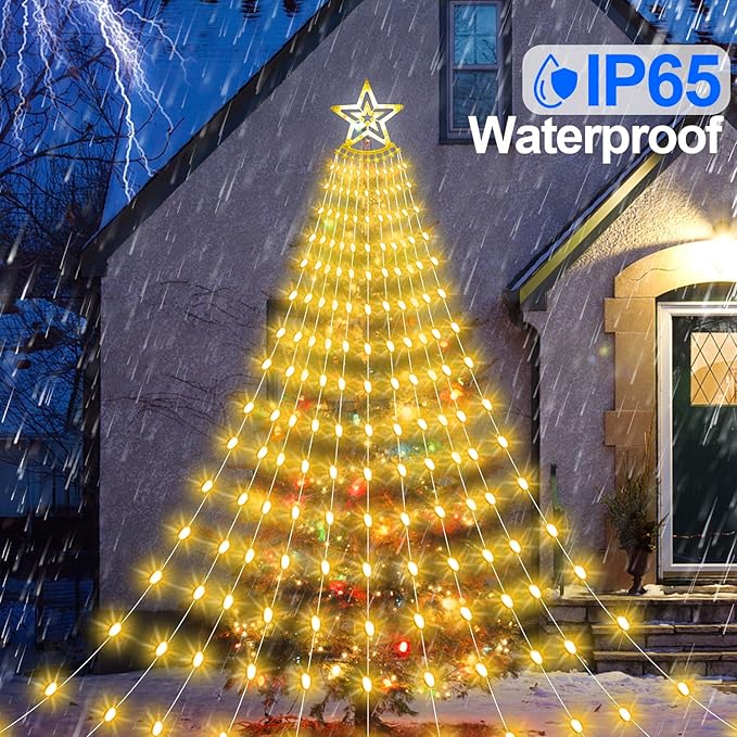 Christmas Decorations Star Lights Outdoor, 23ft 11 Strand 818 LED Waterfall Tree Lights with 8 Modes Timer Remote Plug in Christmas Lights for Indoor Yard Patio Home Holiday Party Decor, Warm White