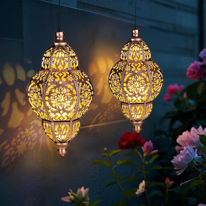 Solar Lanterns,Outdoor Garden Decor Solar Lantern Metal Moroccan Chandelier Gardening Decorative,Outside Hanging Lights Christmas Decorations for Gazebo Patio Yard Tree Ornaments Mother’s Day Gifts