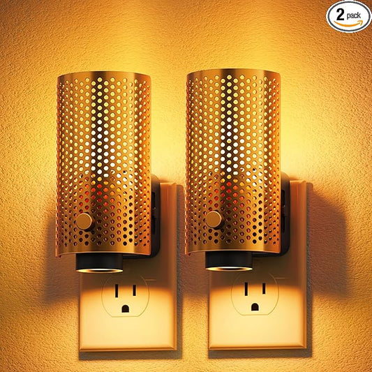 JandCase Night Lights Plug into Wall, Pretty Nightlight with Metal Shade, 3000K Warm White 0-100LM Adjustable Brightness, Flames Flickering Night Light for Bathroom Hallway Bedroom