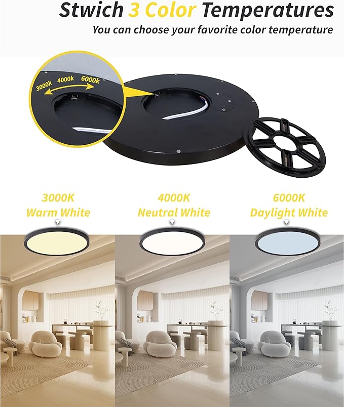 4pack 12 Inch Flush Mount Ceiling Light, 24w Led Ceiling Light, 3000k/4000k/6000k Selectable 2520lm Ceiling Lights, Super Slim Led Light Fixture for Bedroom Kitchen Living Dining Room Office (Black)