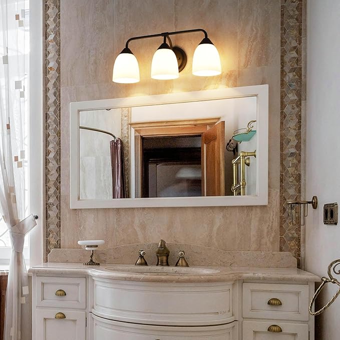 Black 3-Light Traditional Bathroom Vanity Light Fixtures Over Mirror, Modern Vanity Lights for Living Room, Standard E26 Base, Textured Black