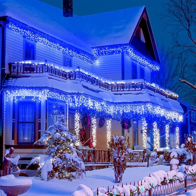Icicle Christmas Lights Outdoor - 98FT 1216 LED Icicle Lights for Outside with 8 Modes Timer, 228 Drops Waterproof Hanging String Lights Indoor for House Holiday Party Wedding Decorations, Blue