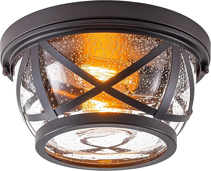 Bronze Flush Mount Ceiling Light Fixtures, 2-Light Ceiling Mount for Industrial with Seeded Glass Lampshade, Modern Flush Mount Light Fixture Farmhouse for Hallway, Kitchen, Entryway and Foyer