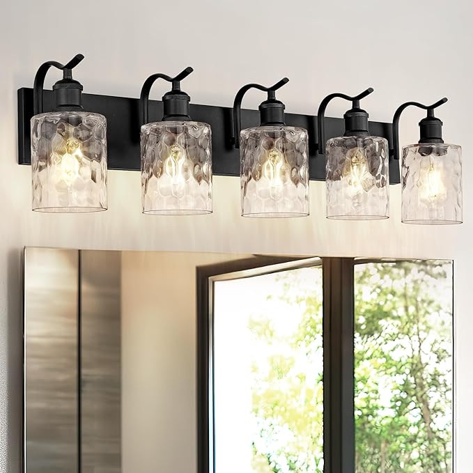 Bathroom Vanity Light Fixtures 5-Light Hammered Glass Modern Wall Mounted Over Mirror Black - VL01BKH-5