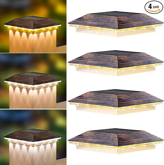Mlambert 4 Pack Solar Post Cap Lights Outdoor - 3 Lighting Modes Waterproof LED Fit 3.5x3.5 Wood/4x4 Vinyl Fence Deck Posts, Brown