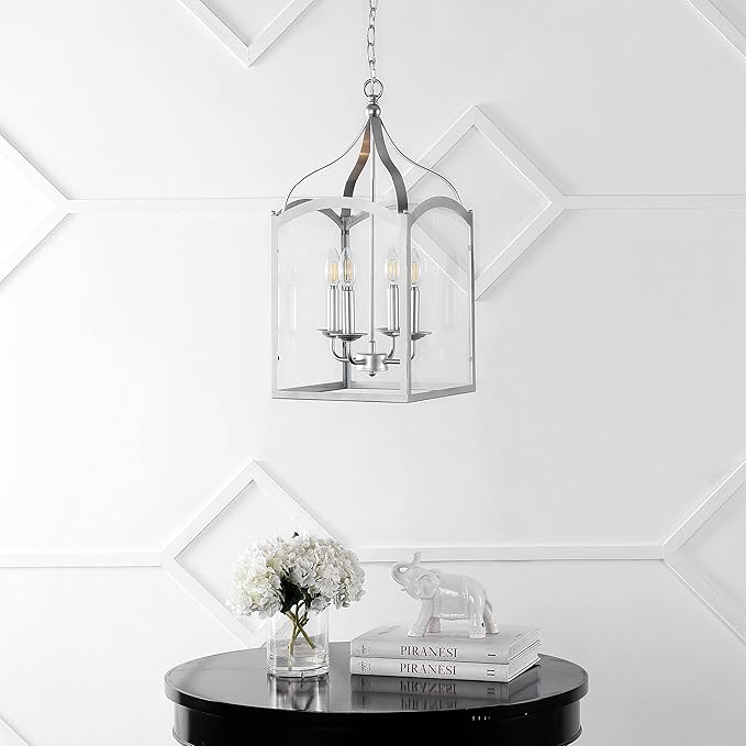 JONATHAN Y 11" Silver 4-Light Traditional Lantern Pendant Light, Metal and Clear Glass Shade, Classic Chandelier for Foyer, Kitchen Island, LED Bulbs Included (JYL7403B)