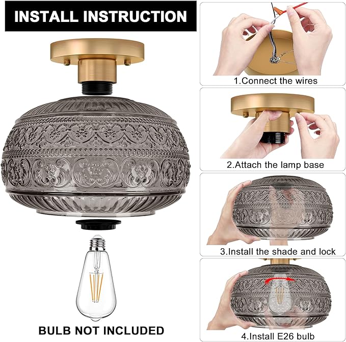 Semi Flush Mount Ceiling Light Fixture, 11" Vintage Gold Hallway Lights Fixture Ceiling with Grey Glass for Kitchen, Hallway, Bathroom and Entry Way,Compatible with E26 Light Bulb