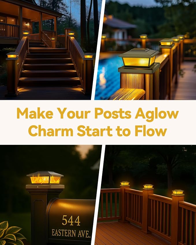 KEILAIMO Solar Post Cap Lights Outdoor for 4x4 5x5 6x6 Wood/Vinyl Posts, 2 Pack Fence Post Solar Lights with Flickering Flame & Warm Modes for Deck/Garden/Patio, IP65 Waterproof - Coal Black