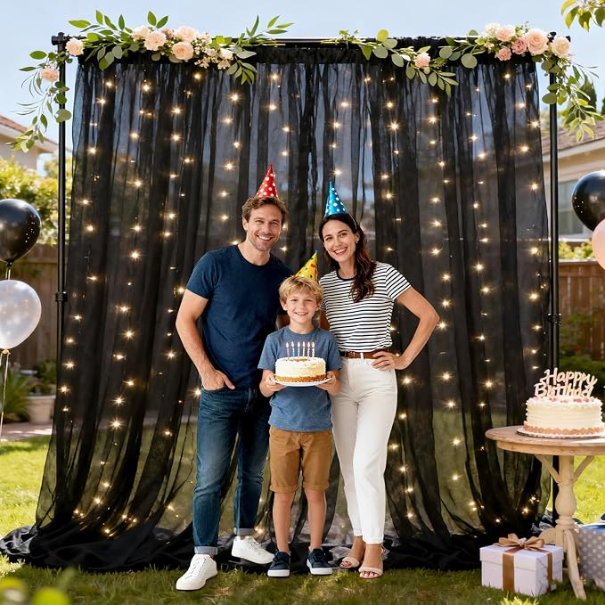 Ledido 10×10ft Black Tulle Backdrop Curtains with Lights String - 300LED Fairy Lights Sheer Curtain Backdrop for Wedding Baby Shower Photo Shoot Birthday Party Decoration(2 Panels 5×10ft)，Black
