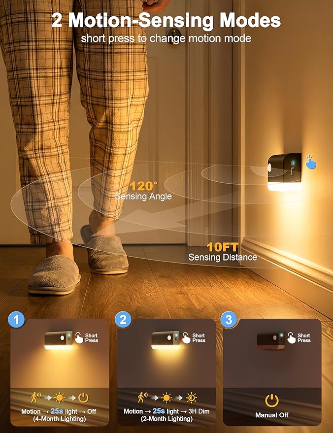 NIORSUN Motion Sensor Stair Lights Indoor, 6 Pack Rechargeable Wireless Step Lights with 3 Color Temperatures, 1200mAh Battery, Magnetic Base for Hallway, Closet, Bathroom, Black