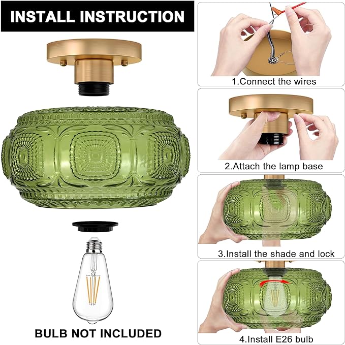 Semi Flush Mount Ceiling Light, Green Globe Glass Ceiling Light Fixture, Art Deco Kitchen Lighting fixtures Ceiling for Hallway Porch Corridor Bedroom, Bulb Not Included