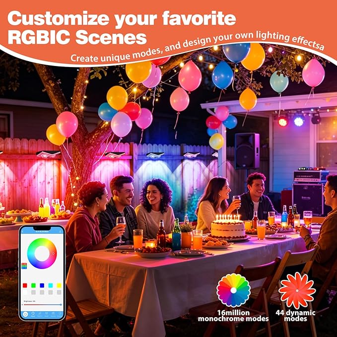 Outdoor Fence Lights Plug in, 50FT RGBIC LED Fence Lights with App & Remote Control, 100 Scene Modes, IP67 Waterproof for Backyard, Patio, Deck - Brighter Than Solar