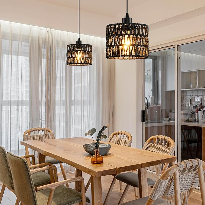 Woven Pendant Light Boho Chandelier, Rattan Pendant Lights Kitchen Island, Farmhouse Pendant Lighting with Hand Woven Wicker Shade, Boho Chandelier Light Fixtures Ceiling Hanging Light