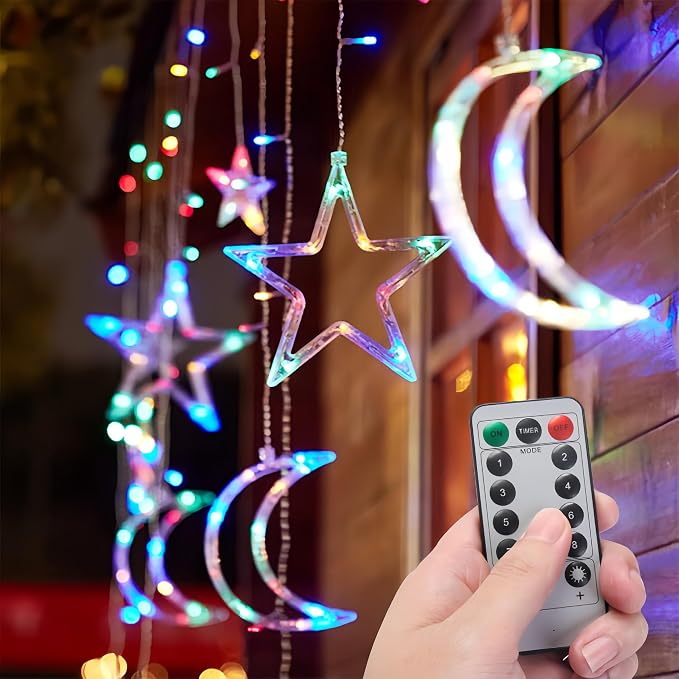 Moon and Stars Decor Curtain Lights, 11.5ft String Lights for Bedroom, Christmas, Ramadan Decor, Indoor LED Fairy Twinkle Light, Battery Operated or USB Plug-in (Multicolor + Remote)