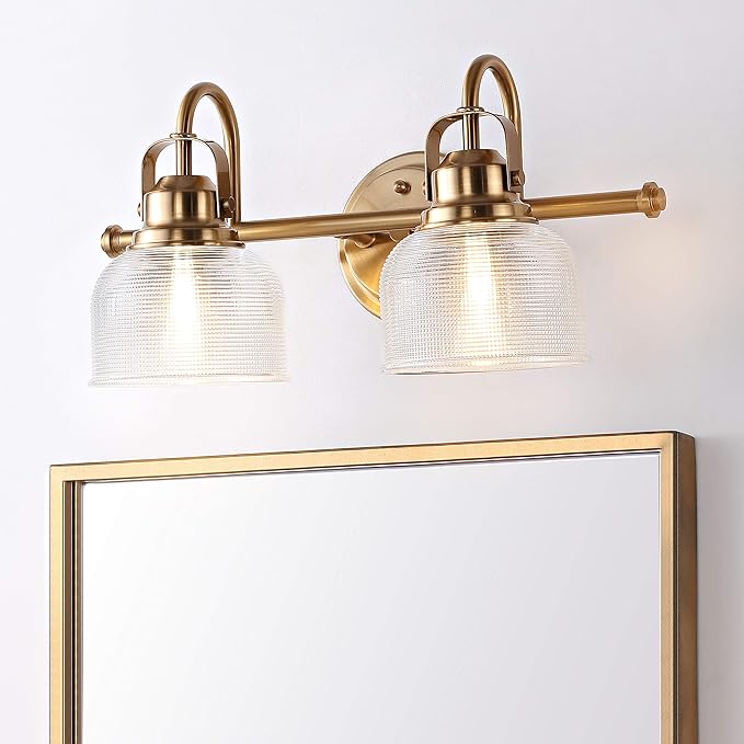 JONATHAN Y 17.25" Brass Gold Modern Bathroom Vanity Light, 2-Light LED Wall Sconce, Clear Glass Bell Shade for Mirror Hallway Kitchen, ETL Listed, LED Bulb Included (JYL7408B)
