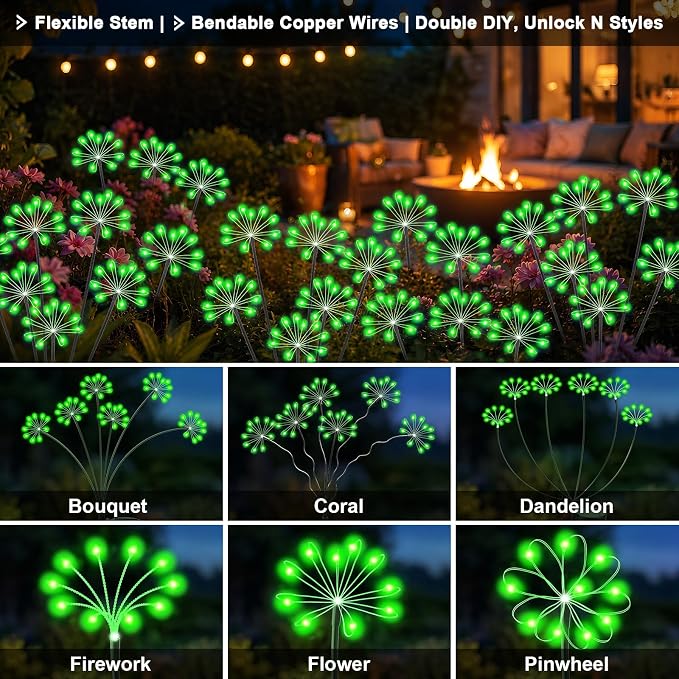 Solar Garden Lights Outdoor, Upgraded Solar Swaying Starburst Light Waterproof with 2 Modes, Solar Fairy Firework Lights for Yard Patio Pathway Flowerbed Balcony Garden Decoration (Green, 2 Pack)