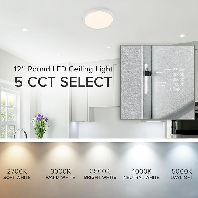 Maxxima 12 in. LED Flush Mount Ceiling Light Fixture - 2300 Lumens, 5 CCT 2700K/3000K/35000K/4000K/5000K, Round Color Selectable Panel Light, Dimmable, Suitable for Bathroom or Shower