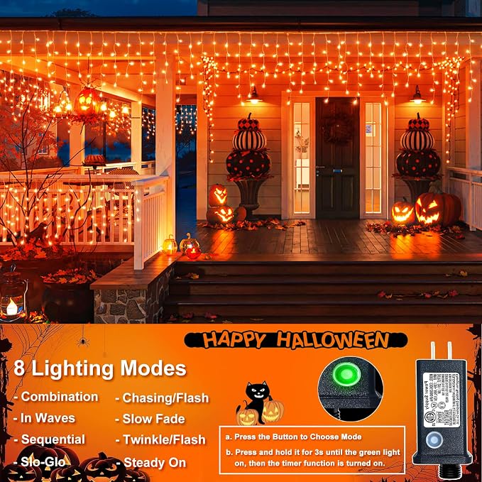 Orange Icicle Lights for Outside - 66FT 640 LED Icicle Halloween Lights with 8 Modes Timer, 120 Drops Waterproof Connectable String Lights Indoor for Patio Garden Holiday Decorations, Orange