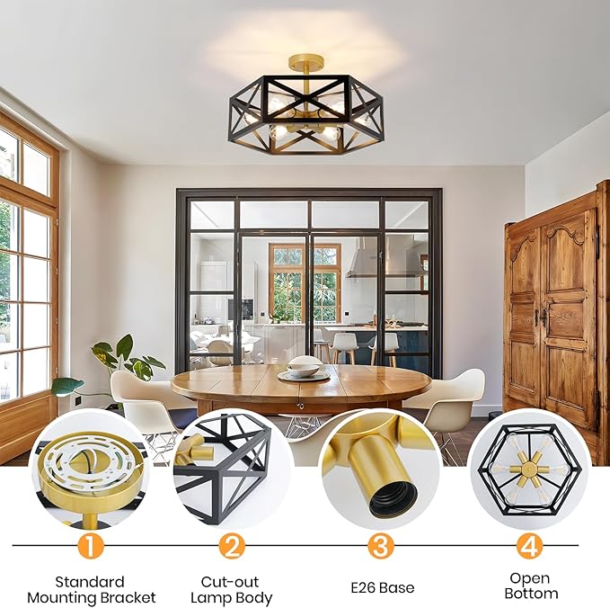 6-Light Semi Flush Mount Ceiling Light Fixture, 19.7" Gold Black Hallway Light Fixtures Ceiling Mount, Modern Close to Ceiling Lighting for Living Room Bedroom Dining Room Kitchen Entry Foyer