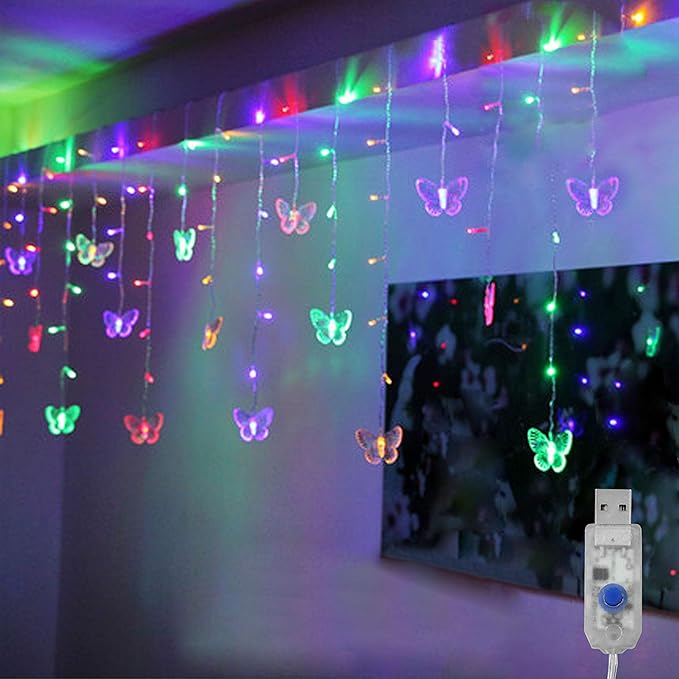 Butterfly Curtain Lights, 4.9ft 48 LED USB Window Fairy Lights 10 Butterflies 8 Modes Firefly Twinkle String Lights for Room Bedroom Wall Ceiling Party Wedding Christmas (Colorful)