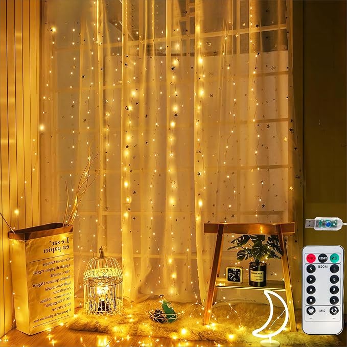 Honche 300Led Fairy Curtain String Lights 10x10ft with Remote Window Lights for Bedroom Wedding Party Festive Season Propose Christmas Decoration(Warm White)