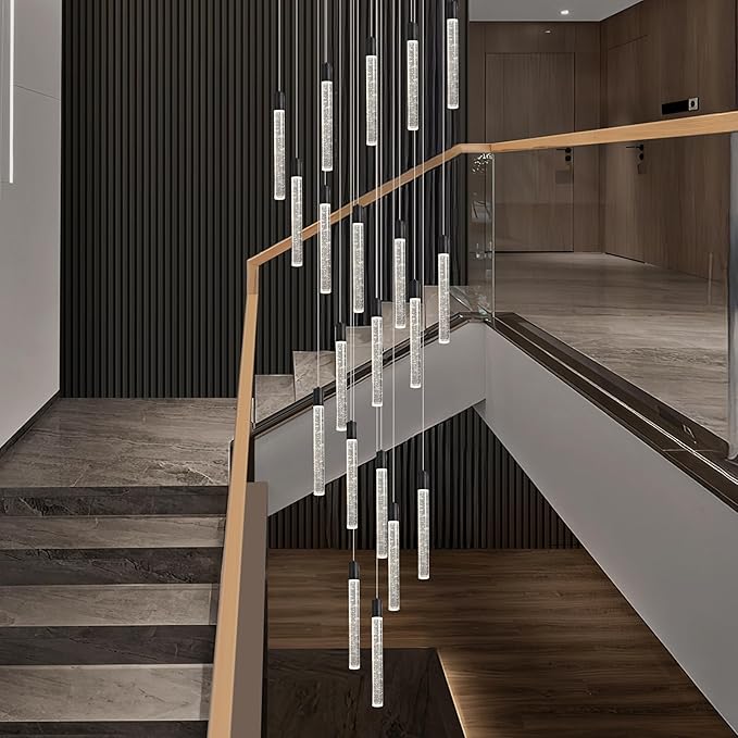 20-Light Black High Ceiling Chandeliers Modern Crystal Chandeliers for Entryway Long Spiral LED Dimmable Chandelier Flush Mount Ceiling Staircase Foyer Living Room Ceilings Light Fixture
