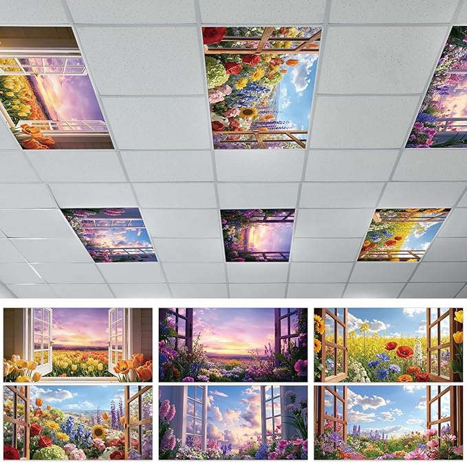 Wiooffen 6 Pcs Fluorescent Light Covers with 60 Magnets Decorative for Classroom Ceiling Light 4 x 2 Feet Magnetic Light Covers Filter Easy Install for Office Hospitals & Home(Flower Window View)