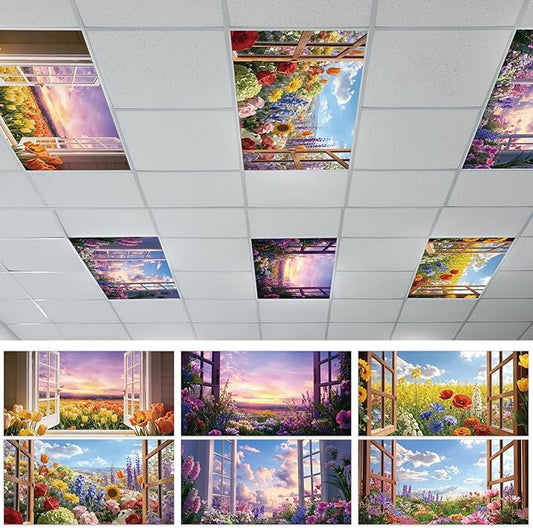 Wiooffen 6 Pcs Fluorescent Light Covers with 60 Magnets Decorative for Classroom Ceiling Light 4 x 2 Feet Magnetic Light Covers Filter Easy Install for Office Hospitals & Home(Flower Window View)