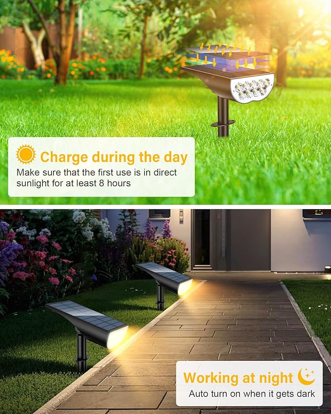Solar Spotlights Outdoor Waterproof, 3 Lighting Modes Spot Lights, Dusk to Dawn Solar Powered Outdoor Lights for Yard Pathway Driveway Landscape, Warm White, 2 Pack