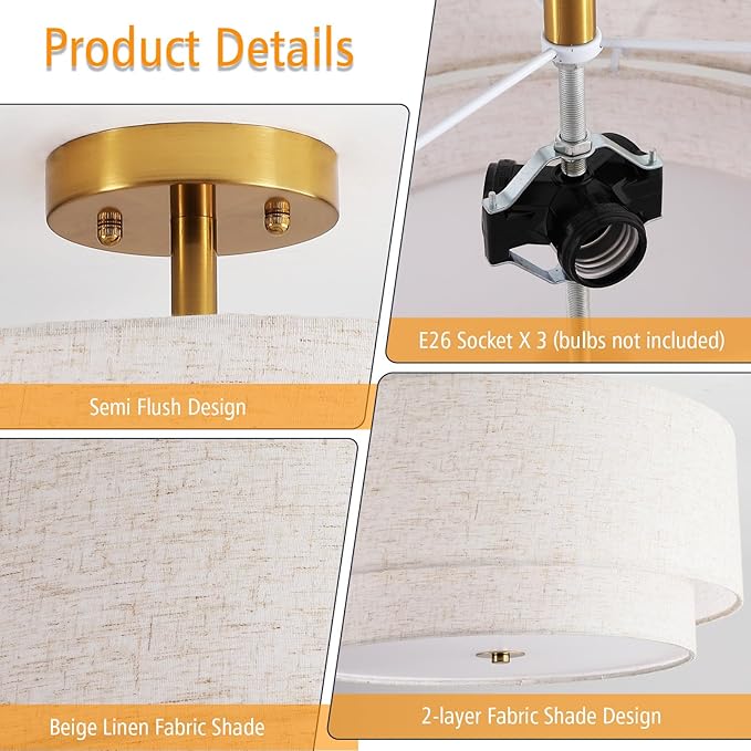 16" Semi Flush Mount Ceiling Light Fixture, 3-Light Black Flush Mount Ceiling Light with Double Drum Fabric Shades for Dining Room Bedroom Kitchen Hallway Living Room, E26 Socket